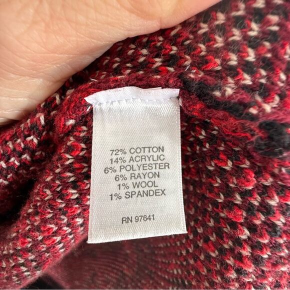 J. Jill Luxurious Black Red Cotton Wool  Jacquard Knit Cardigan Duster Small - Picture 8 of 9